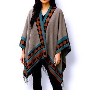 Urban Coco Aztec Poncho Cape Shawl Geometric Fringe Boho Western Open Front OSFM